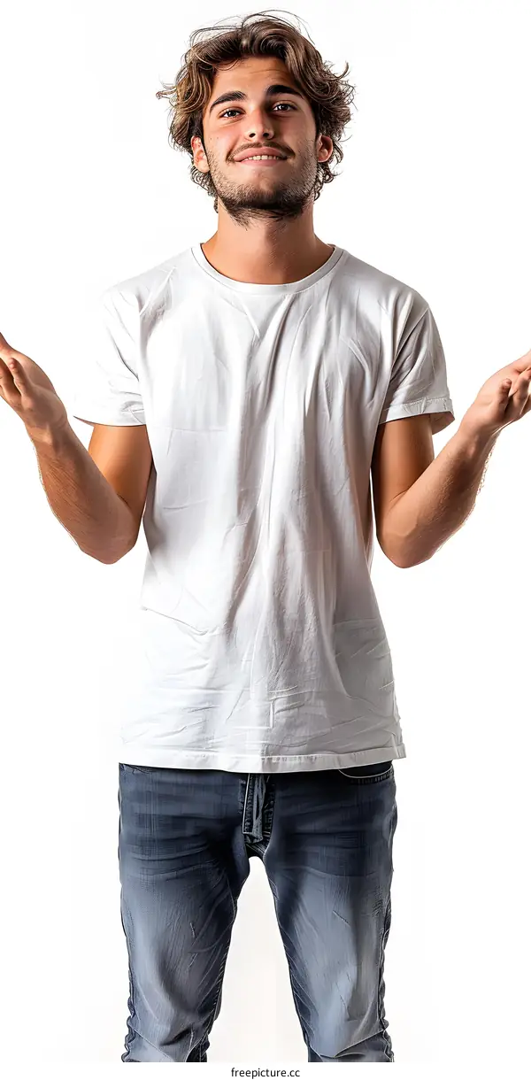 Handsome young man with beard and curly hair wearing white shirt and blue jeans