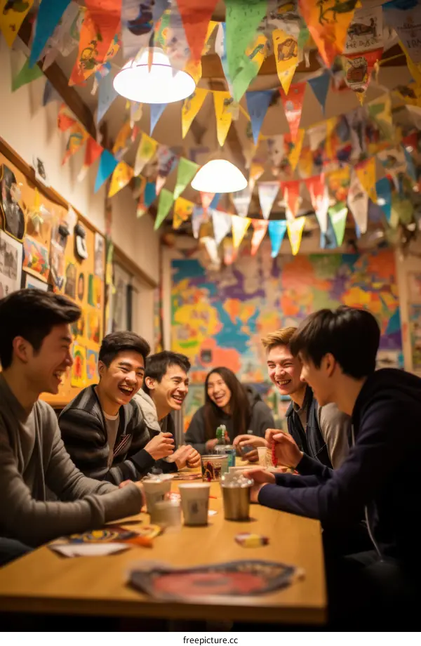 A group of young people sitting around a table laughing