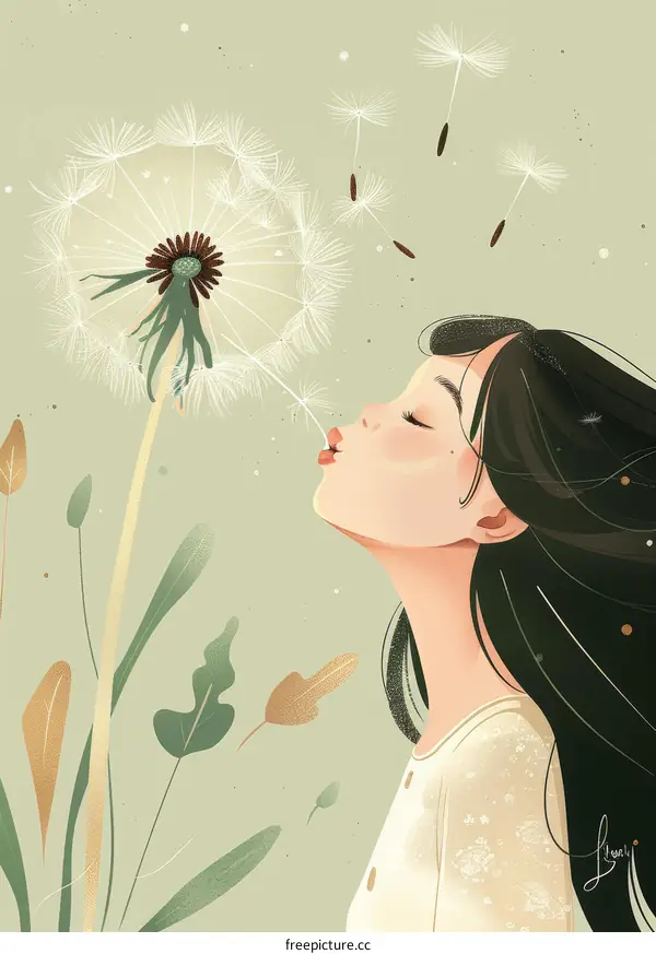 Woman Blowing Dandelion Seeds in a Field