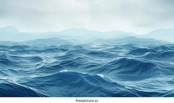 Deep blue ocean with white capped waves and a mountain range in the distance