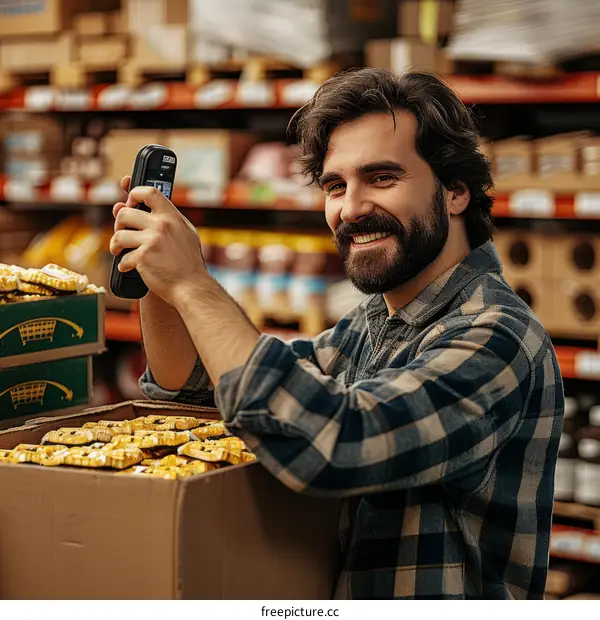 Bearded man scanning products in a warehouse