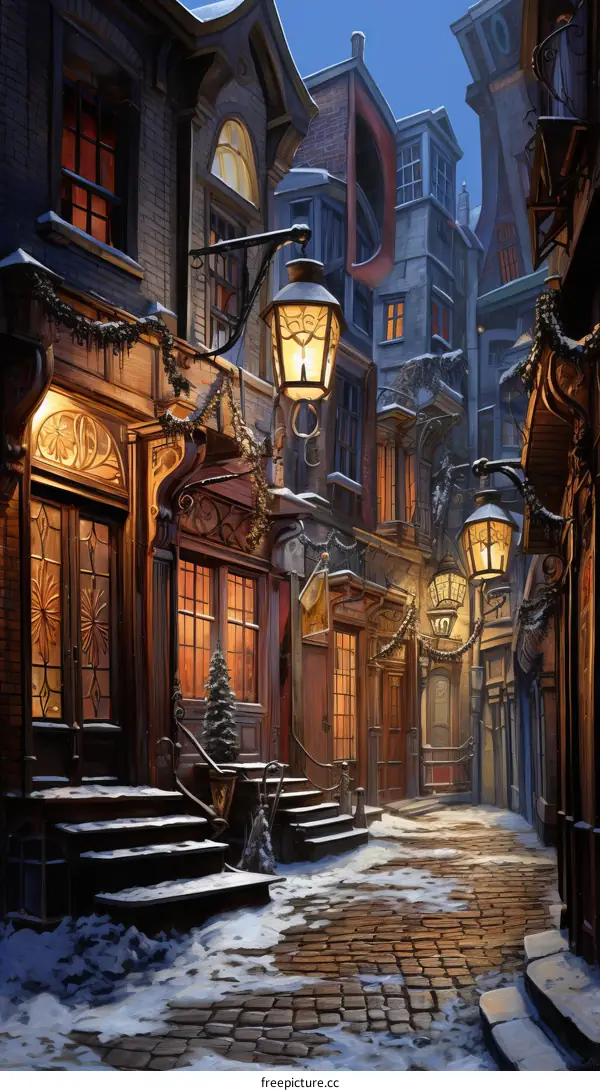 A digital painting of a snowy street in a European city.