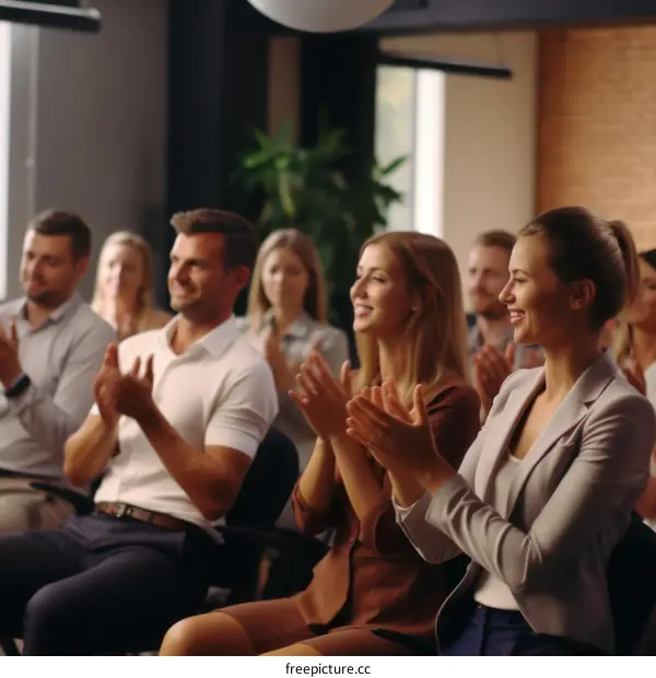 A group of business professionals applaud during a meeting