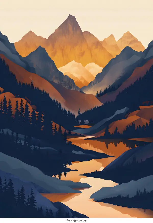 Mountain Range Artwork With Sunset Hues