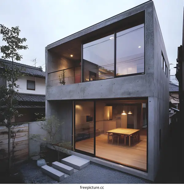 Modern Concrete House with Large Windows and Wooden Floor