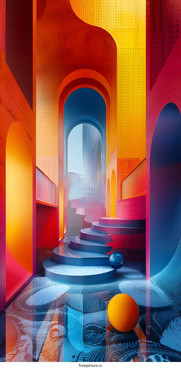 Blue and orange surreal hallway