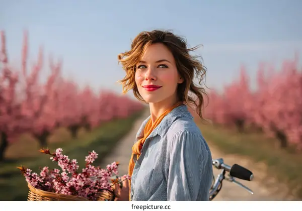 Woman with flowers and bicycle in a blossoming orchard
