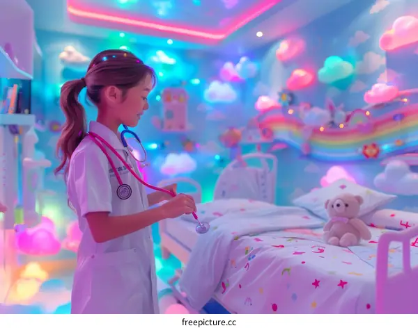 Asian female doctor examining a teddy bear in a colorful decorated hospital room