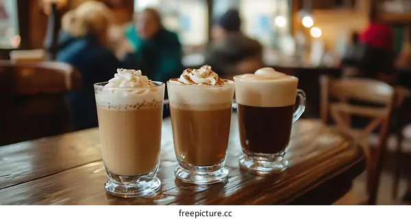 Three Coffee Drinks with Whipped Cream on a Wooden Table