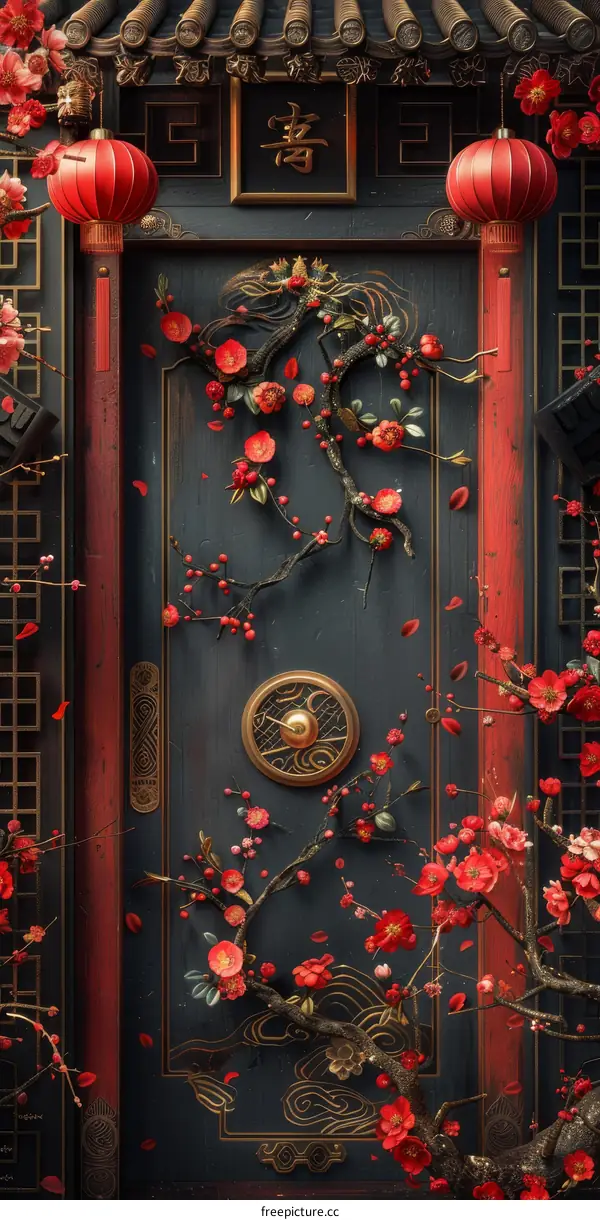 Intricate Chinese Doorway with Floral Decorations