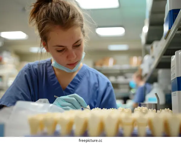 Dental Student Examining False Teeth