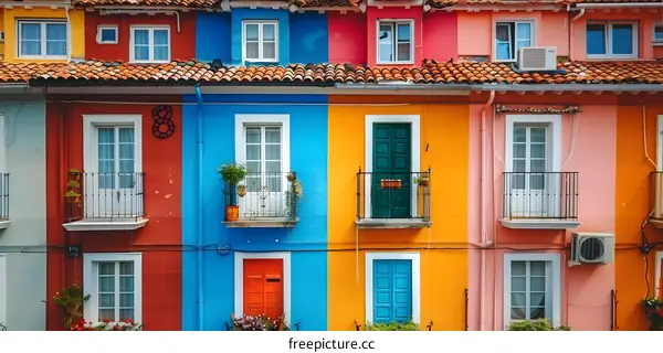Colorful building facades in Comillas, Spain