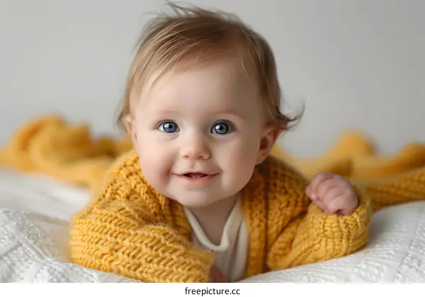 Portrait of a smiling baby in a yellow sweater
