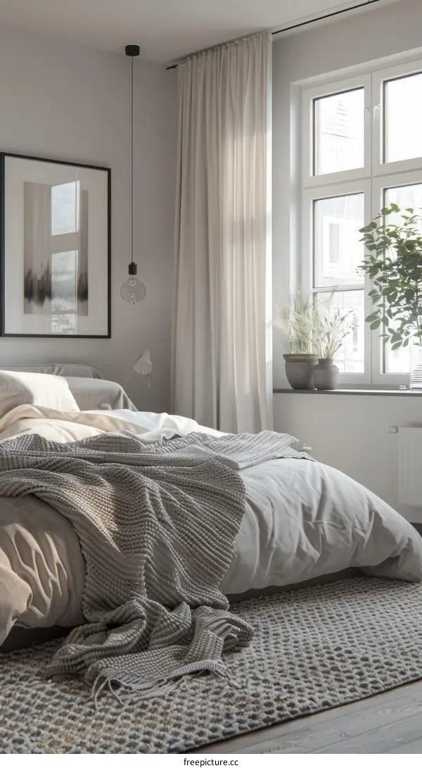 A bedroom with a large bed, a gray rug, a plant, and a painting