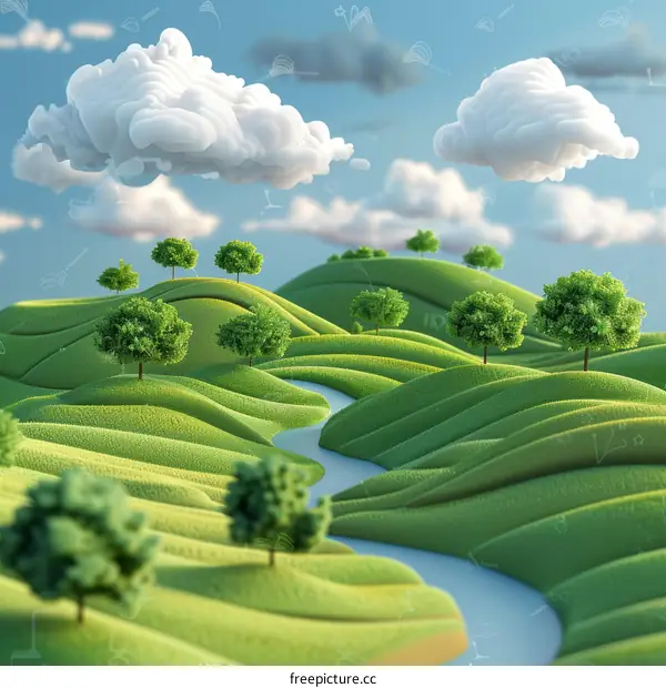 Cartoon Green Hills Landscape with River and Trees