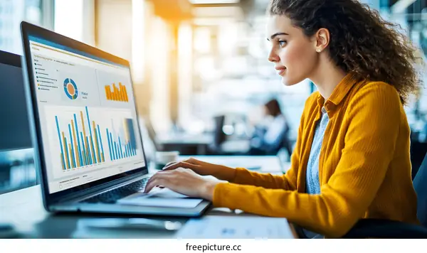 Woman Analyzing Business Data on Laptop in Office