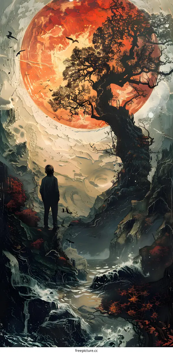 boy looking at a tree with a giant red moon in the sky