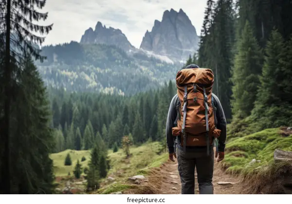 Man hiking in the mountains on a sunny day with a big backpack