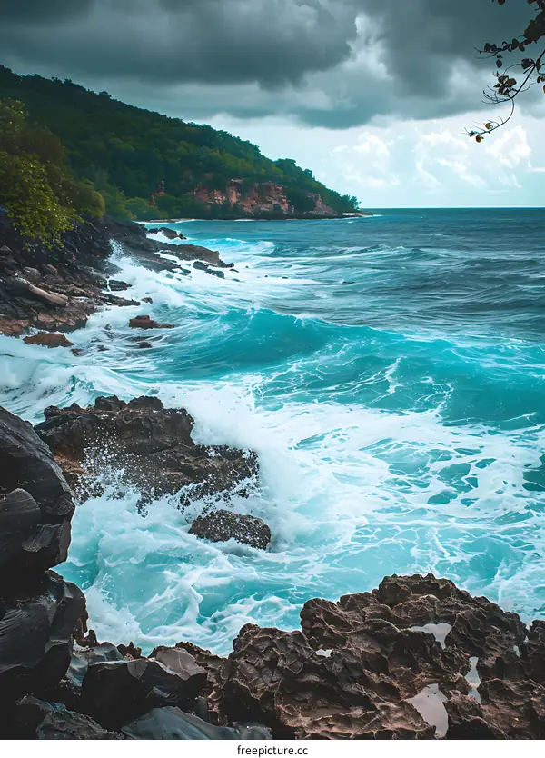 Waves Crashing on Rocky Coastline with Cloudy Sky