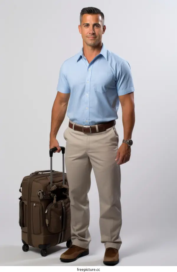 Handsome man in blue short-sleeve shirt and khaki pants with suitcase