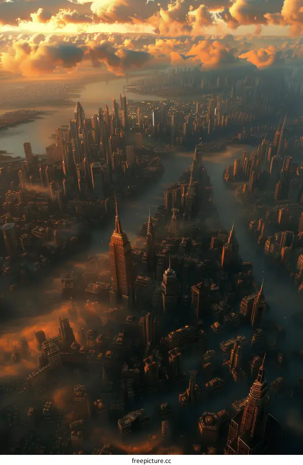 Aerial Futuristic Cityscape at Sunrise