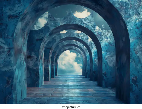 Blue Futuristic Concrete Structure Under Bright Sky with Arches