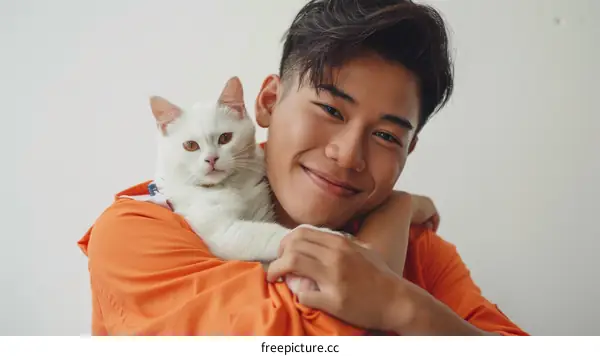 A young Asian man with a white cat on his shoulder