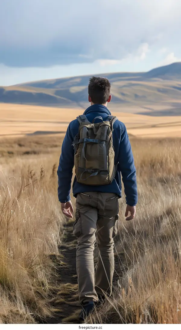 Man Hiking Through Tall Grass On Trail With Backpack