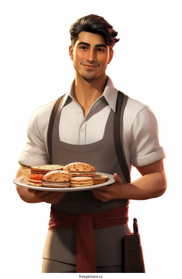 An illustration of a waiter holding a plate of sandwiches