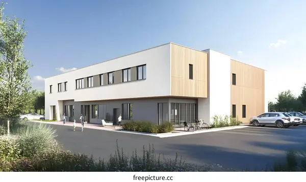 Modern White Building with Wood Paneling and People Outside