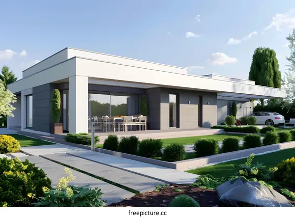 Modern House Design With Large Windows And A Patio