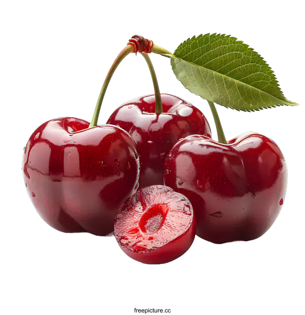 [Transparent Background PNG]three red cherries with green leaf