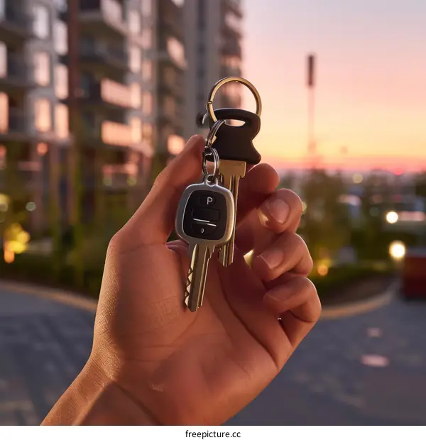 Hand holding car keys in front of apartment buildings at sunset