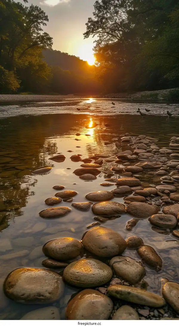 sunset river rocks trees reflection