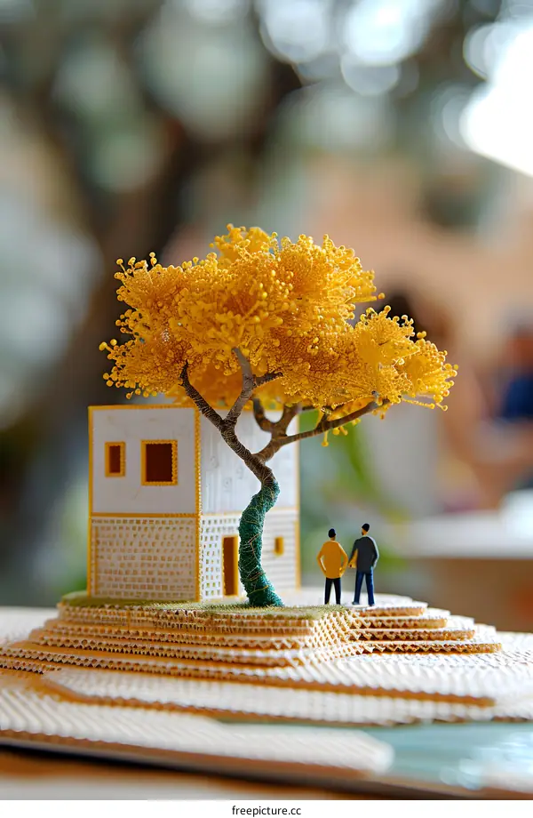 A miniature house and tree made of cardboard
