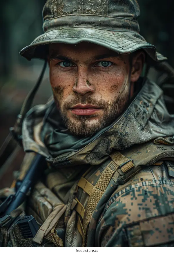 Portrait of a soldier wearing a camouflage hat and a backpack
