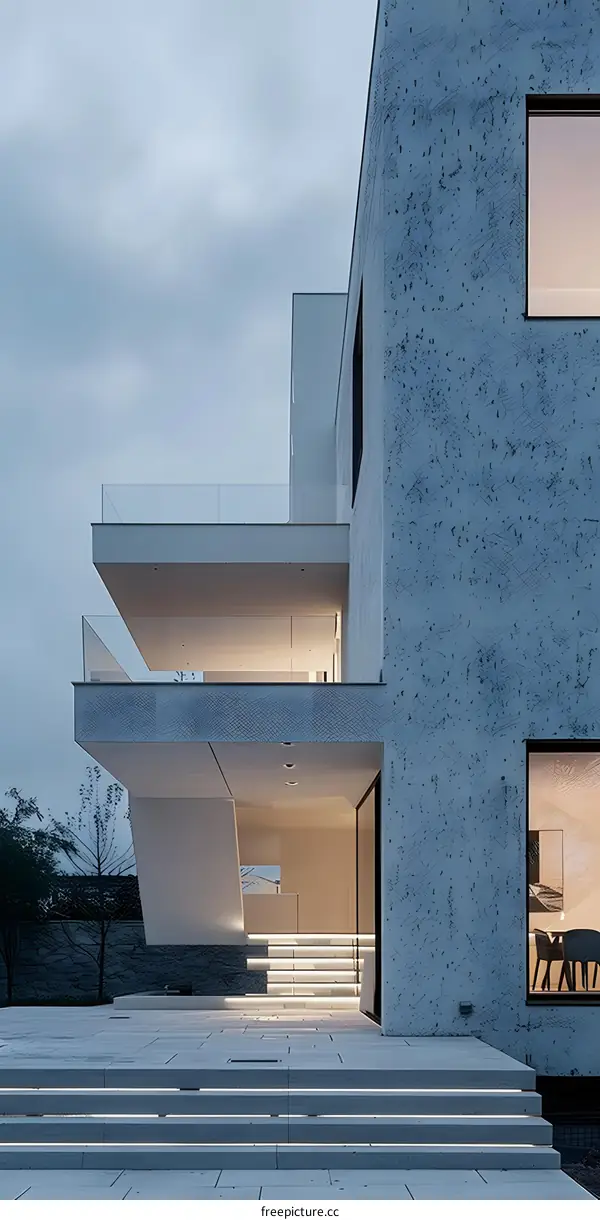 Modern Architecture House Exterior With Concrete Walls And Glass Windows