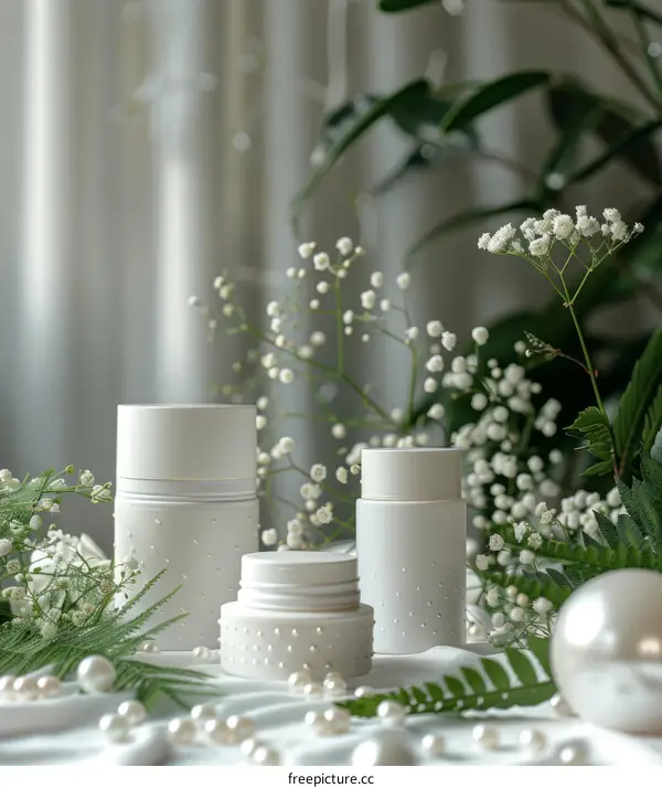 White Cosmetic Jars with Green Leaves and White Flowers