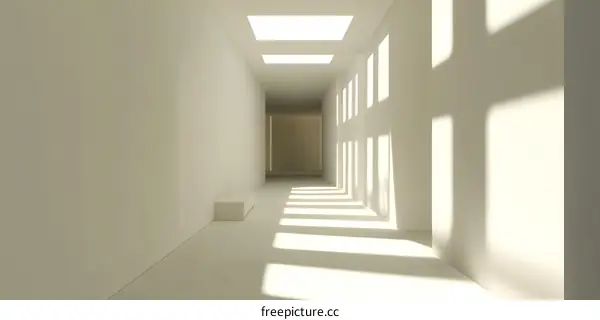 Minimalist White Hallway with Sunlight Streaming Through Skylights
