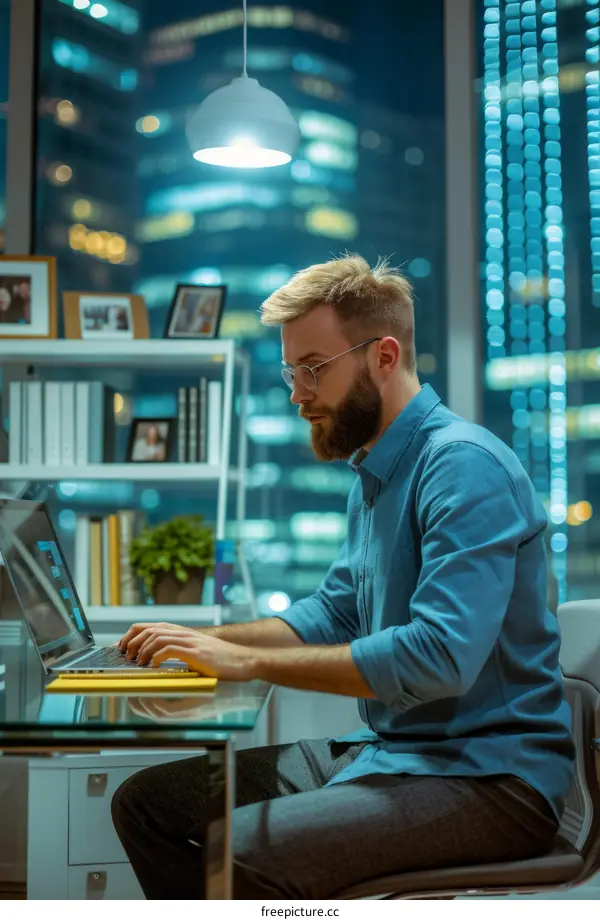 Focused young male professional working late in his office using laptop computer