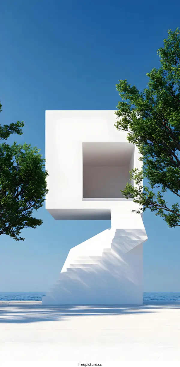 White Minimalist Modern House with Stairs and Trees