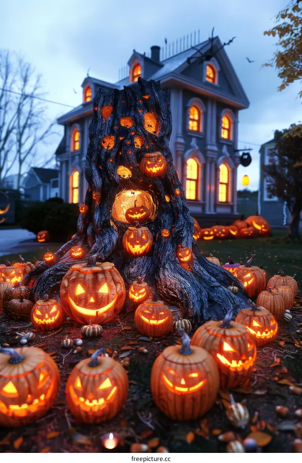 Halloween Pumpkin Tree House Decorated with Lights