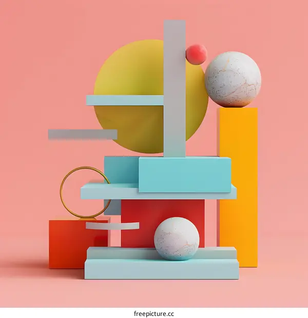 Abstract Geometric Shapes Art with Colorful Blocks and Spheres on Pink Background