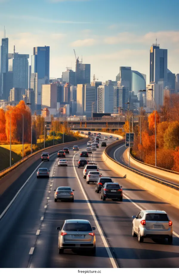 Vehicles drive on a busy highway near a city during the day