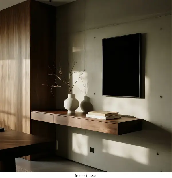 Minimalist wooden wall shelf with vases and books in modern room