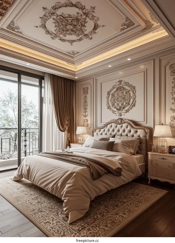 Luxury Bedroom Interior Design with Ornate Ceiling