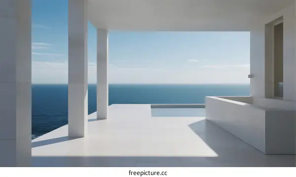 Minimalist White Pavilion Overlooking Calm Ocean Horizon