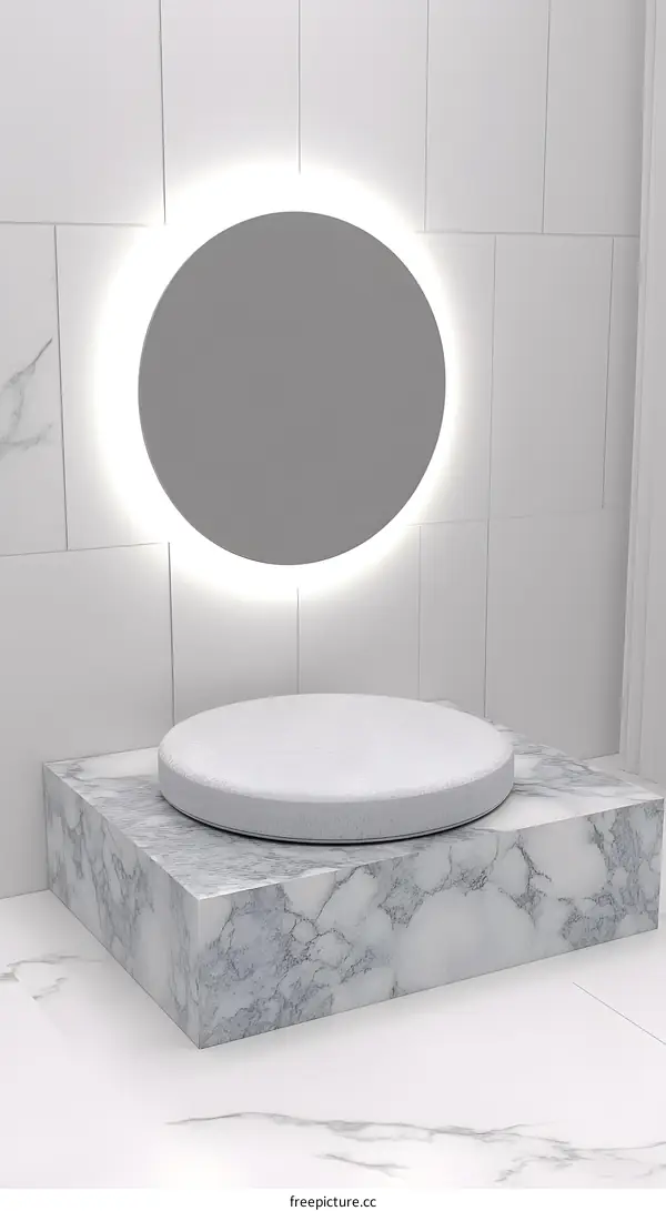 White Marble Platform With Illuminated Circle Mirror