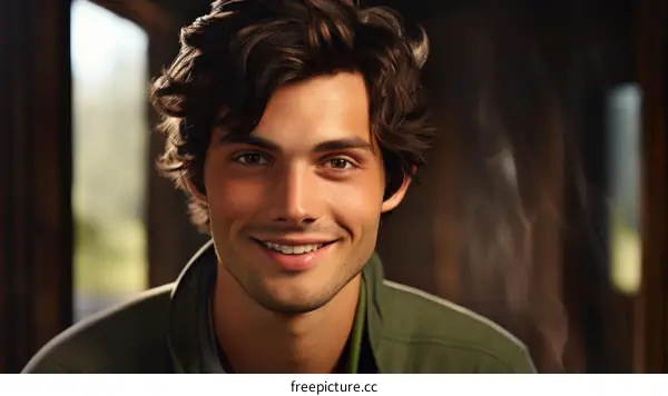 Portrait of a smiling young man with long brown hair