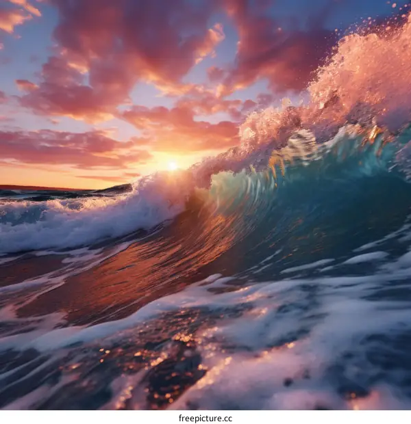 Huge wave in the ocean during sunset